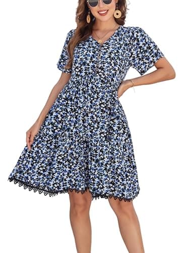 Women's V-Neck Button Down Casual Floral Midi Dress with Short Sleeve Lace Trim Hem Side Pockets (lacebian-190120-1,l) - Image 1