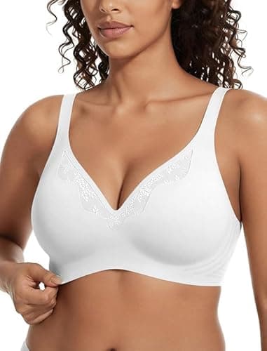 Showyoo Women Seamless Wireless Bra Full Coverage Jelly Bras Comfort V Neck T-Shirt Bra with Lace Trim White XL - Image 1