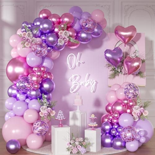 NUTTYBASH Pink Purple Balloon Garland Arch Kit,126Pcs Metallic Purple Rose Red Confetti Balloons with Heart Foil Balloon for Women Birthday Bridal Baby Shower Wedding Party Decoration - Image 1