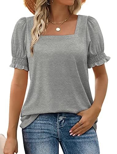 WIHOLL Plus Size Tops for Women Tshirts Shirts Dressy Casual Work Short Sleeve Grey 3XL - Image 1