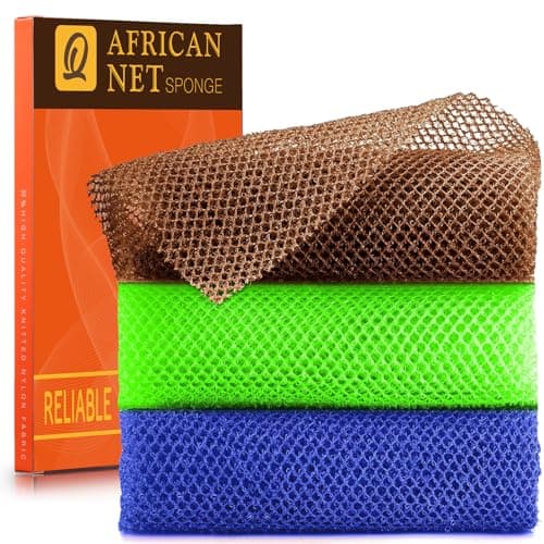 UJFQBH 3 Pieces African Bath Sponge African Net Long Net Bath Sponge Exfoliating Shower Body Scrubber Back Scrubber Skin Smoother,Great for Daily Use (Brown、Blue、Green) - Image 1