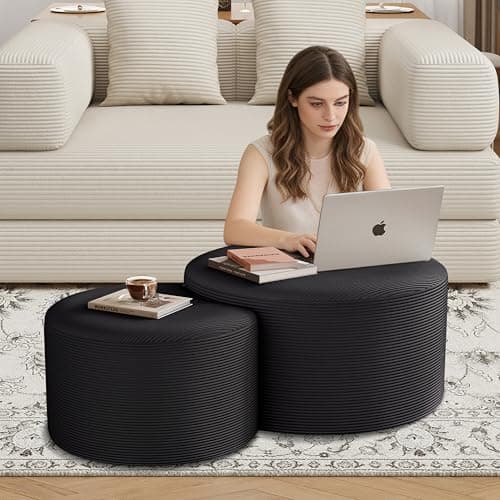 BSHOMGI Nesting Coffee Table Set of 2, Upholstered Round Corduroy Circle Foam Round Side Table for Living Room, Entryway Set, 32"+17" Footrest No Assembly (Black, 32"+17")