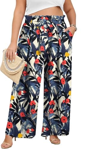 Lastshe Plus Size Pants for Women Wide Leg High Waisted Pull On Pants Casual Lightweight Summer Beach Boho Palazzo Trousers, Red Flowers, 1X - Image 1