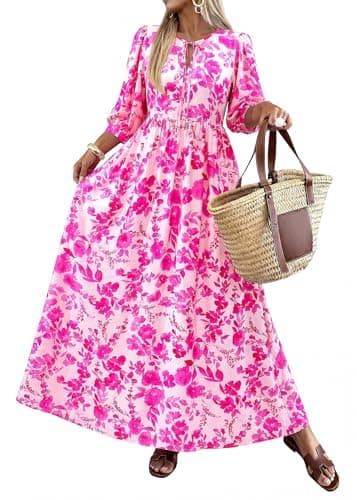 KIRUNDO Women Summer Beach Vacation Wedding Guest Dresses 2026 Spring Boho Floral 3/4 Sleeve Loose Cruise Flowy Maxi Dress(Rose Red, Medium)