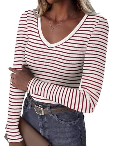 GKBK Womens 3/4 Sleeve Scoop Neck Tops Ribbed Knit Slim Fitted Casual Basic Tee Shirts 2026 Fall Summer Fashion Trendy Work Casual T-Shirt Undershirts Layering Clothes Burgundy White Stripe M - Image 1