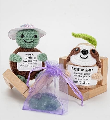 2 Pack Valentines Day Gifts Positive Crochet Animals Birthday Gifts for Women Men Includes Motivational Cards and a Wooden Base Cute Small Gift for Son Mom Dad Daughter Sister Friend Coworkers - Image 1