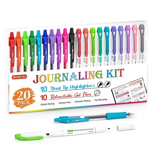 Shuttle Art 20 Pack Journaling Kit,10 Colors Dual Tip Highlighters and 10 Colors Retractable Gel Ink Pens,Perfect for Kids and Adults Coloring,Underlining, Highlighting, Writing in Office Home&School