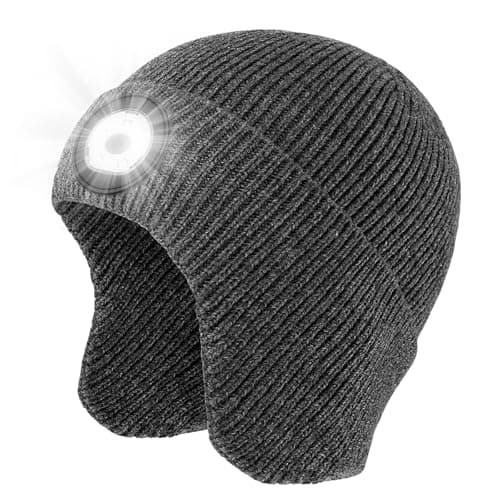 LED Beanie Hat with Light, USB Rechargeable LED Headlamp Hat, Unisex Winter Hat Warm Knitted Earflap Beanie with Night Flashlight (Dark Grey) - Image 1