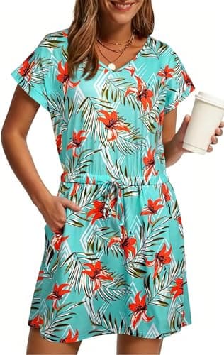 Summer Dresses for Women 2026 - V Neck Tshirt Dress Tie Waist Mini Dresses Beach Floral Sundress with Pockets Blue - Image 1