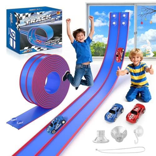 DKOXT 15 Ft Flexible Race Track for Kids, DIY Car Track Set with 2 Toy Cars & 3 Suction Cup Ramps, Easter Basket Stuffers for Teens & Boys Girls, Creative Easter Gifts for Kids, Blue - Image 1