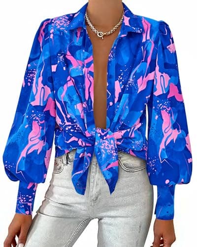 BTFBM Summer Blouses for Women Dressy Casual 2026 Long Sleeve Button Down Shirt V Neck Boho Spring Tops Fashion Clothing(Floral Blue Pink, Medium) - Image 1