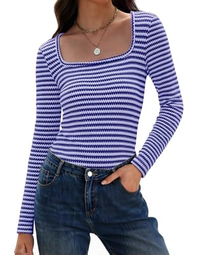 IWD Womens Striped Long Sleeve Shirts Slim Fit Square Neck Tops 2026 Spring Lightweight Sweater Knit T Shirts Layering Basic Tees Blue S - Image 1