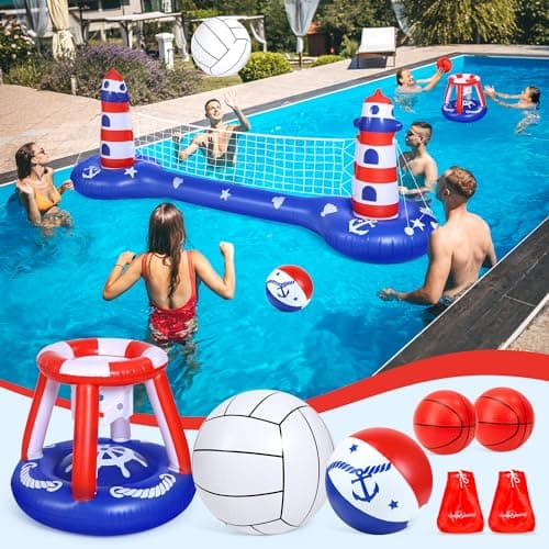 EagleStone Pool Volleyball Net &Basketball Hoop Inflatable Pool Floats Toys Swimming Water Games for Adults and Kids 8-12 Teens Volleyball Court Poolside Floaties - Image 1
