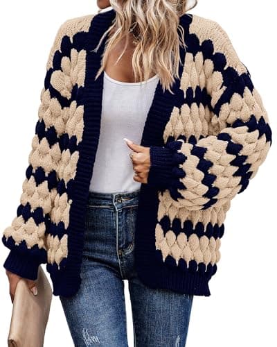 KIRUNDO Womens Fashion Fall Cardigan 2026 Open Front Chunky Cardigan Sweaters Oversized Lantern Sleeve Striped Color Block Cardigans Outwear Winter Clothes(Navy, X-Large) - Image 1