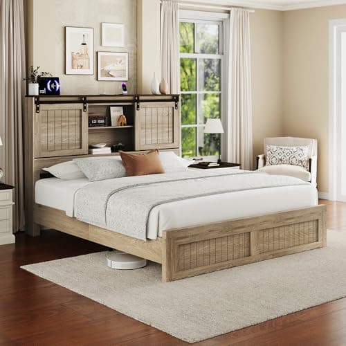 Uteeran Queen Size Bed Frame with Storage, Sliding Barn Door, Farmhouse Wood Platform Bed with Reading Light and Charging Station, Wood Slats Support, Easy Assembly, Noise-Free, Light Rustic Oak - Image 1