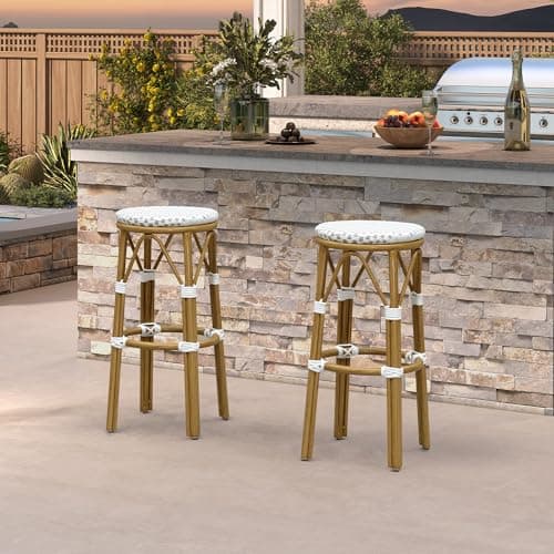 PURPLE LEAF Outdoor Round Bar Height Stool Set of 2 Patio Backless Barstools Aluminum Frame in Bamboo Finish with White & Gray Woven Rattan for Indoor Kitchen Dining Bistros Cafe Restaurant - Image 1