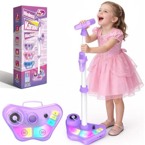 Stand Karaoke Machine for Kids, Singing Toys Gifts for 3 4 5 6 7 8 Year Old Girls Boys, Rechargeable Kid Microphone Bluetooth Speaker with 2 Wireless Mic for Girl Age 4-6 Toddler Birthday Party Toy - Image 1
