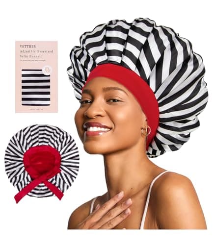 Vettres Floral Satin Bonnet For Sleeping Women Double Layer Pleated Design Adjustable Shower Cap For Curly Hair Black White Stripes - Image 1