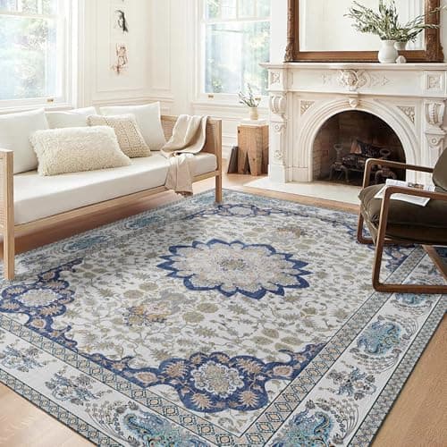 Bohemian Washable Area Rug, Large Carpet for Living Room & Bedroom, 8'x 10' Blue - Image 1