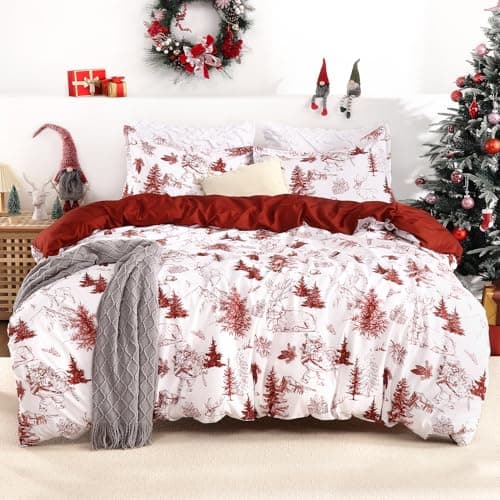 CAROMIO Christmas Duvet Cover Queen, Reversible Printed Comforter Cover Set Holiday Decorative Bedding, Soft Microfiber Red Duvet + 2 Pillow Shams (Queen Size, Christmas Theme) - Image 1