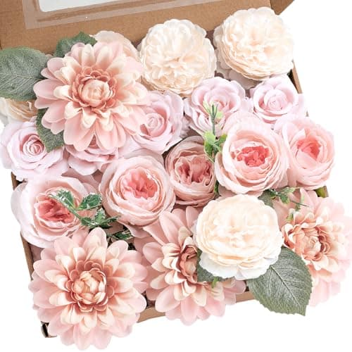 BSMYBO Artificial Pink Flowers Fake Roses Peony Dahlia Combo Box Set Gradient Blush Pink Flowers Leaf with Stems for DIY Wedding Bouquets Table Centerpieces Baby Shower Bridal Party Home Decorations - Image 1