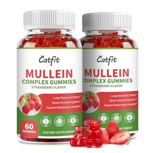 Catfit Mullein Gummies for Lungs Detox &Lymphatic Drainage,Mullein Leaf Extract,Quercetin&Elderberry for Respiratory & Immune Support,Vegan, Strawberry Flavor, 120 Gummies - Image 1