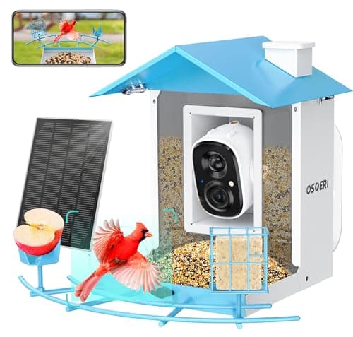Osoeri Bird Feeder with Camera, Smart Bird Feeder Camera with AI Identify, Metal Bird Feeder with Suet Cage & Fruit Fork, Auto Capture Videos & Motion Detection, Ideal Gift for Bi rd Lovers