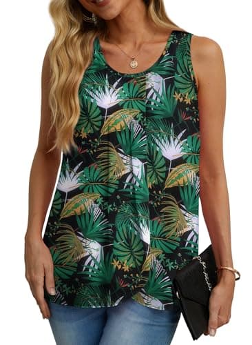 IWOLLENCE Womens Summer Tank Tops Sleeveless Chiffon Double Layers Blouse Loose Round Neck Casual Shirts Black Palm Leaf Medium - Image 1