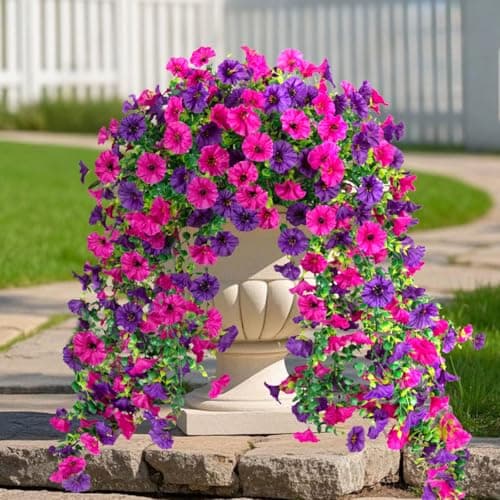 Fake Artificial Hanging Morning Glory Flowers for Outdoor Planters Porch Pation Decoration,2 Bundles UV Resistant Silk Faux Flowers with Realistic Eucalyptus Plants for Home Office Garden Decor - Image 1