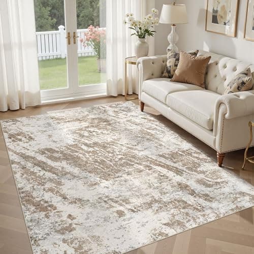DMOYEST 5x7 Washable Area Rug: Abstract Modern Non-Slip Carpet, Soft Low Pile Indoor Neutral Easy Clean Floor Rugs for Living Room Bedroom Dining Room Kids & Pets - Brown - Image 1