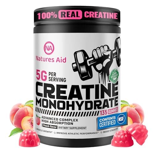 Natures Aid NSF Certified Creatine Gummy 5g - Creatine Monohydrate Gummies – Pre-Workout Energy & Muscle Growth Support for Men & Women | Peach Electrolyte Gummies (135 Count) - Image 1