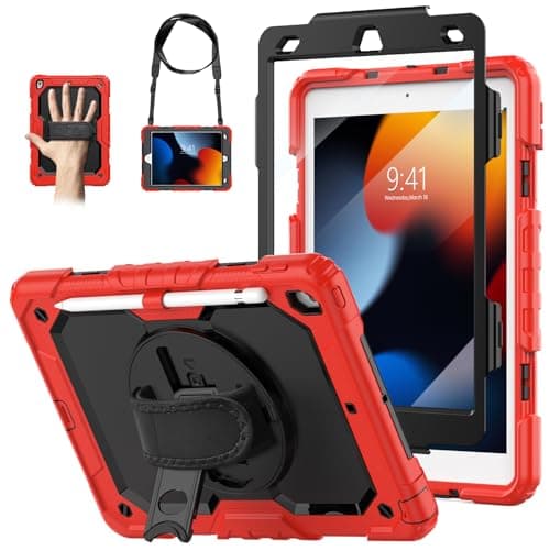 WEGLS Case for iPad 9th/ 8th/ 7th Generation 10.2'' with Screen Protector Pencil Holder, 360 Rotating Hand Strap & Stand, Protective Case for iPad 10.2 inch 2021/2020/2019 (Black/Red) - Image 1