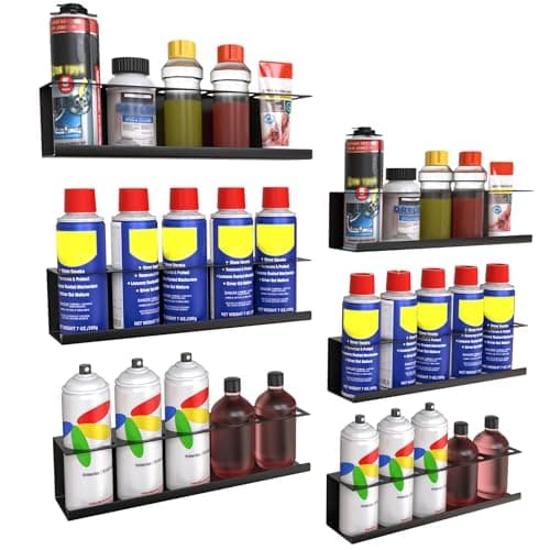 Riciakik 6 Pack Spray Bottle Holder Wall-Mounted, Aerosol Spray Can Holder Storage Rack, Heavy-Duty Paint Bottle Organizer with 30 Holes, Steel Black Spray Rack for Garage, Shop, Home or Tool Trailer - Image 1