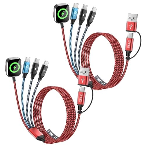 Travel Essentials 4in2 Multi Charging Cable for iPhone Watch Charger,USB A/C to 3 Type C/iWatch Charger,Charging Cables for Multiple Devices Compatible with iWatch 11-1/Ultra/SE&iPhone 17-12 5FT 2Pack - Image 1