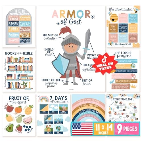 Hadley Designs Sunday School Decorations for Classroom – 9 Bible Posters for Kids, 11x14in Books of the Bible Poster, 10 Commandments, Fruits of the Spirit & More – Boho Christian Classroom Decor - Image 1