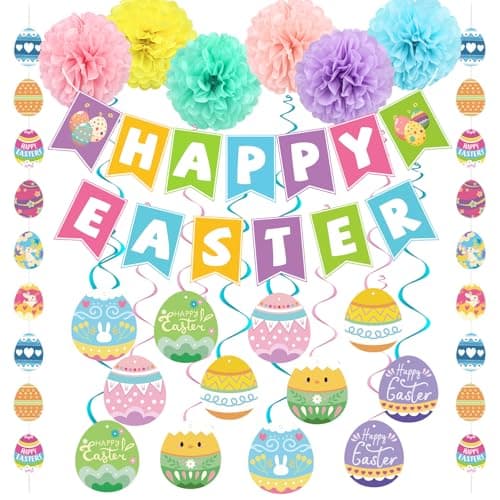 33PCS Easter Decorations Set, Happy Easter Banner, Pom Poms, Egg Hanging Swirls, Vertical String Easter Garland, Pastel Easter Decorations for Home Office Classroom Spring Party Supplies - Image 1
