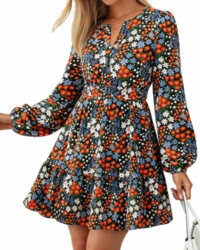 BTFBM Long Sleeve Dress for Women 2026 Spring Summer Mini Elastic Waist Floral Boho Beach Vacation Wedding Guest Dresses(Multi Black, XX-Large) - Image 1