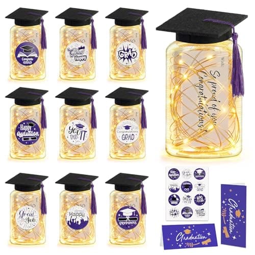 9 Pcs Graduation Centerpieces for Tables with LED Lights, Class of 2026 Graduation Tables Decorations, Mason Jar Style with String Lights, Caps, Note Cards, Stickers & Adhesive Spots(Purple) - Image 1