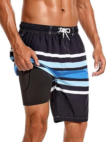 SILKWORLD Mens Swim Trunks with Compression Liner 9 Inch Quick Dry Beach Board Shorts with Zipper Pockets, Black Blue, Small - Image 1