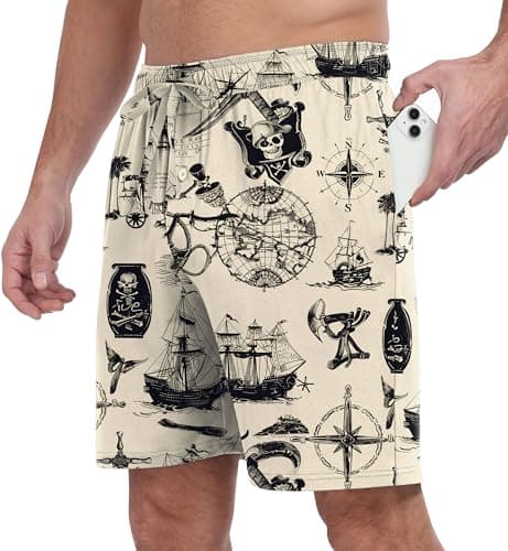 PrinStory Mens Pajama Shorts Soft Bottoms - Stretchy, Lightweight, Comfortable with Pockets FP-Beige Pirate Map-M - Image 1