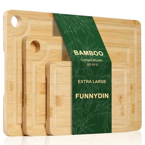 Bamboo Cutting Board Set of 3 - Durable Bamboo Cutting Boards with Deep Juice Grooves & Built-in Handles & Hanging Holes, Reversible Wooden Cutting Boards for Kitchen, Meat, Vegetables - Image 1