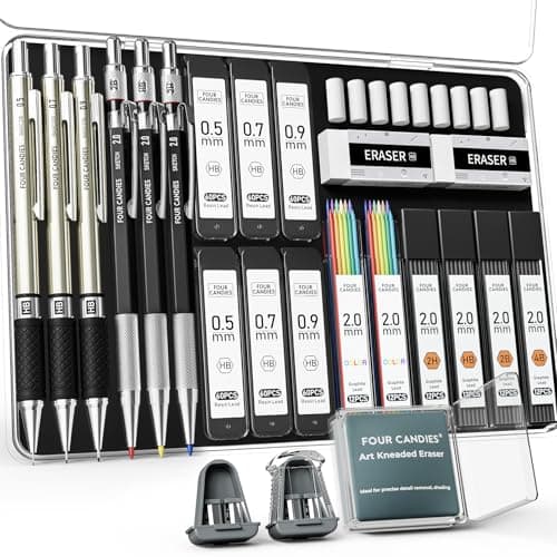Four Candies 25PCS Art Mechanical Pencil Set with Case, 3PCS Metal Artist Lead Pencil 0.5, 0.7, 0.9 mm & 3PCS 2mm Holder (HB 2H 2B 4B Color) with 432PCS Graphite Lead Refills for Drawing Sketching - Image 1