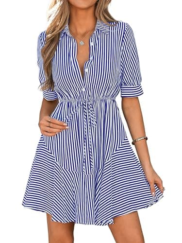 MASCOMODA Womens Puff Short Sleeve Striped Mini Summer Dress Spring Casual V Neck Button Down A Line Short Work Shirt Dresses(Striped Blue,Small) - Image 1