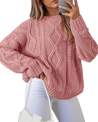 BTFBM Casual Women Long Sleeve Sweater 2025 Fall Ribbed Knit Pullover Loose Crewneck Cable Sweater Jumper Tops(Dusty Pink,X-Large) - Image 1