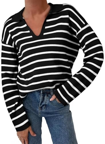 EVALESS Striped Pullover Sweaters for Women Polo V Neck Henley Shirt Cute Daily Winter Chunky Colorblock Sweater Autumn Top Thanksgiving Fashion Outfits L Black - Image 1