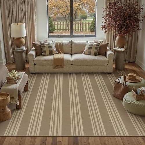PureCozy Striped Easy Jute Rug 6x9 Khaki Living Room Carpet Washable Non Slip Bedroom Rug Farmhouse Neutral Non Shedding Indoor Outdoor Large Carpet for Dining Room Under Table Office - Image 1
