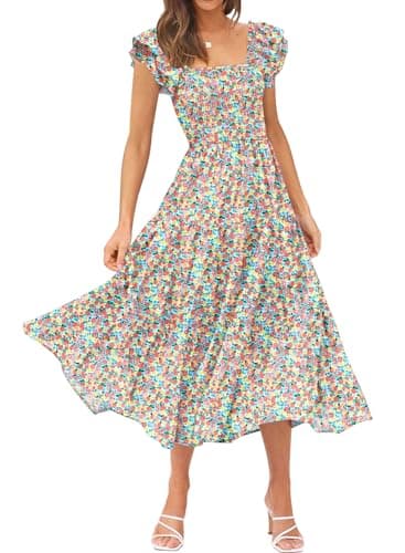 DOROSE Women's 2026 Summer Boho Floral Print Square Neck Ruffle Swing Short Sleev Beach Long Maxi Dress - Image 1