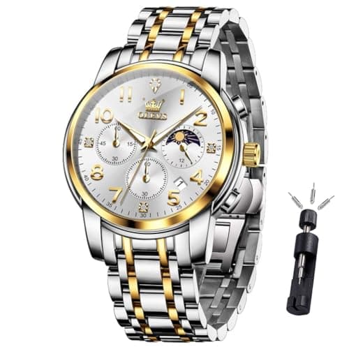OLEVS Men Watches Silver and Gold Luxury Watch for Men Two Tone Stainless Steels Men's Wrist Watches Chronograph Big Face Dress Men's Watch Date Waterproof Analog Quartz Moon Phase Reloj para Hombre - Image 1