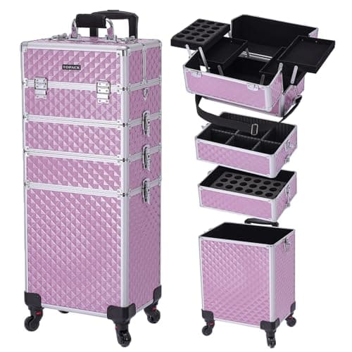 TOPACK Professional 4-In-1 Rolling Makeup Train Case, Large Makeup Travel Case with Key Shoulder Strap/Handle Cushion I Makeup Train Case Organizer I Cosmetology Case on Wheels I Pink - Image 1