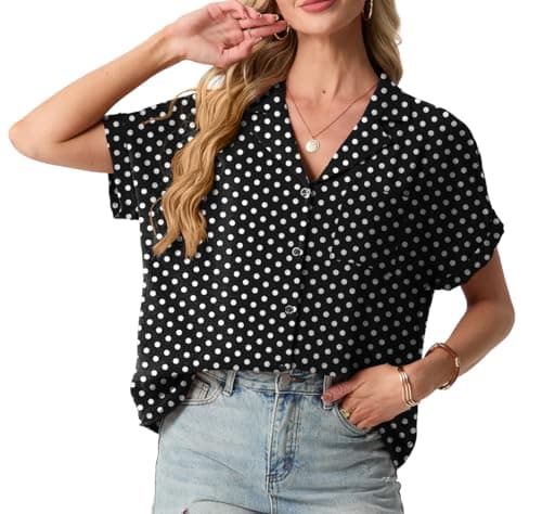 Mintreus Short Sleeve Button Up Women Shirts Cute Low Neck Summer Loose Tops for Women (PD White Black-XL) - Image 1